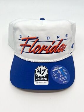 Florida Gators ‘47 Brand Hitch White/Blue Snapback Hat Cursive Rope Spellout NEW